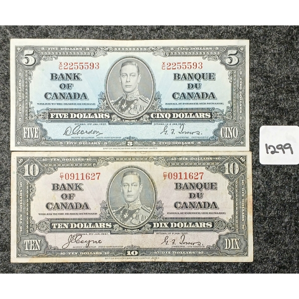 LOT OF 2 - 1937 CDN $5 & 10 BANKNOTES