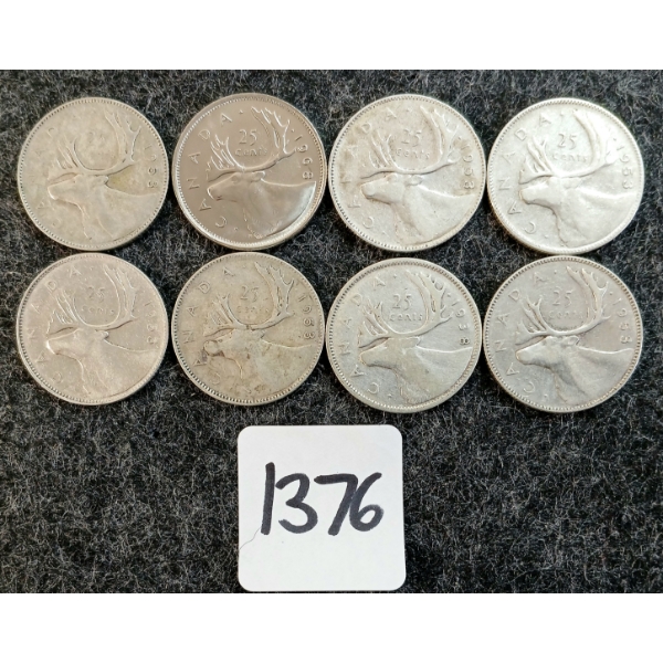 LOT OF 8 - 1938-1968 CDN 25 CENT COINS