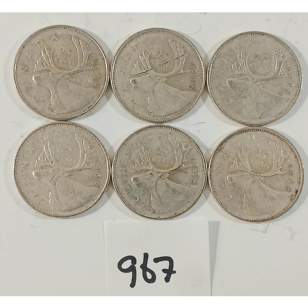 LOT OF 6 - 1968 CDN 25 CENT SILVER COINS