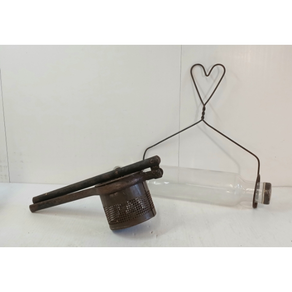 LOT OF 2 - CAST POTATO RICER & ROLL-RITE GLASS ROLLING PIN W/ HANGER
