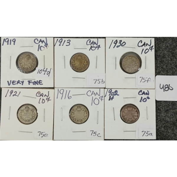 LOT OF 7 - 1902-1930 CDN SILVER 5 CENT COINS 