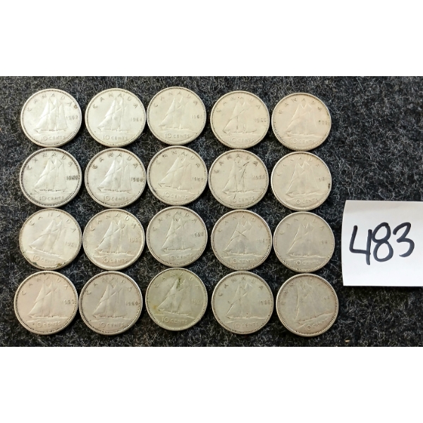 LOT OF 20 - 1953-1968 CDN 10 CENT COINS - INCL SILVER