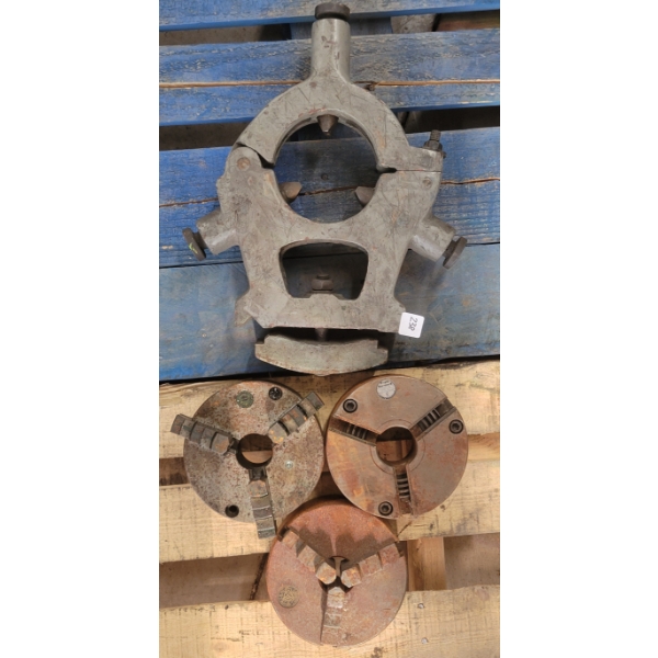LOT OF 4 - 3 JAW CHUCKS & STEADY REST