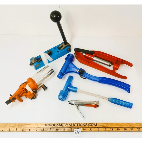LOT OF 6 - RELOADING TOOLS - NO. 55 IDEAL POWDER MEASURER, LEE PRECISION BREECH LOCK HAND PRESS, ETC