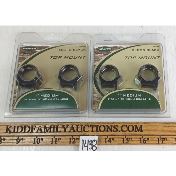 LOT OF 2 - WEAVER TOP MOUNT 1IN MEDIUM SCOPE RINGS - MATTE & GLOSS BLACK