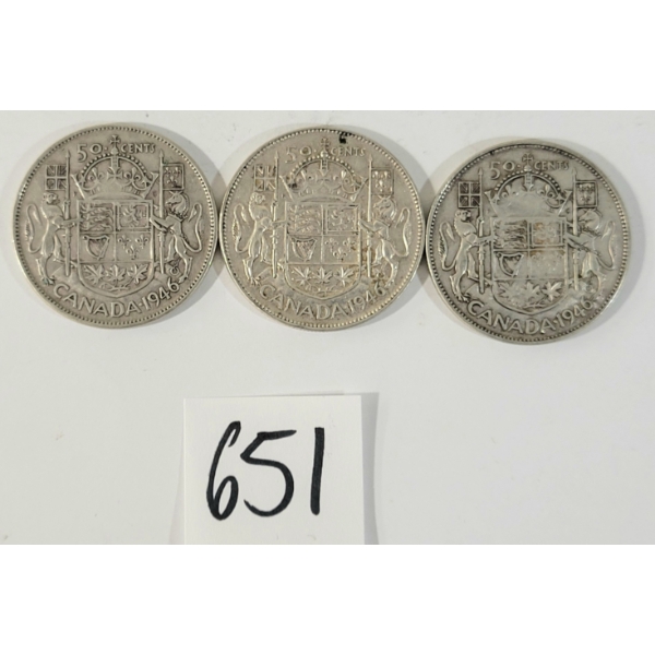 LOT OF 3 - 1946 CDN 50 CENT SILVER COINS