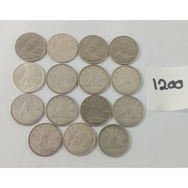 LOT OF 15 - 1959-1968 CDN SILVER DIMES