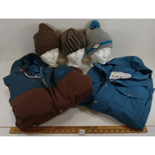 LOT OF 5 - MEN'S WINTER HATS & JACKETS - MFG POLER, BRIXTON & DEUS EX MACHINA