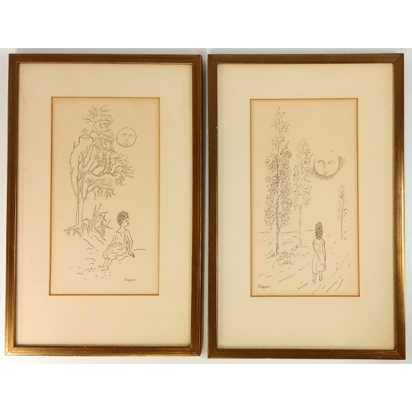 LOT OF 2 - "UNDER THE MOON" BY GARY PETER SLIPPER - FRAMED INK DRAWINGS ON PAPER