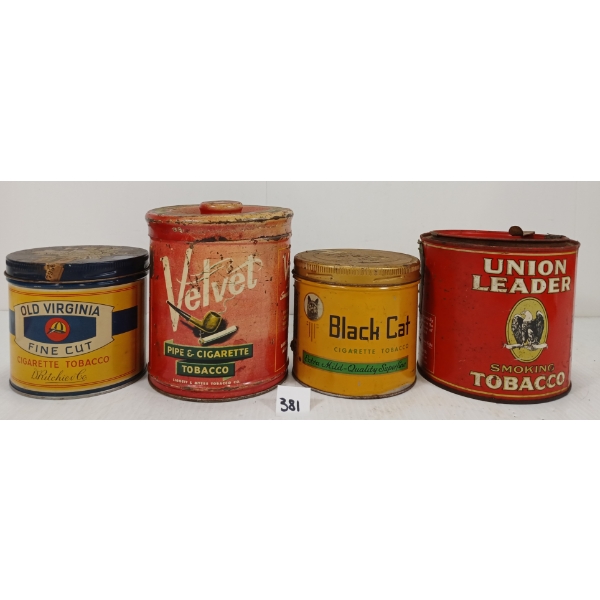 LOT OF 4 - MISC TOBACCO TINS - INCL BLACK CAT & UNION LEADER, ETC.