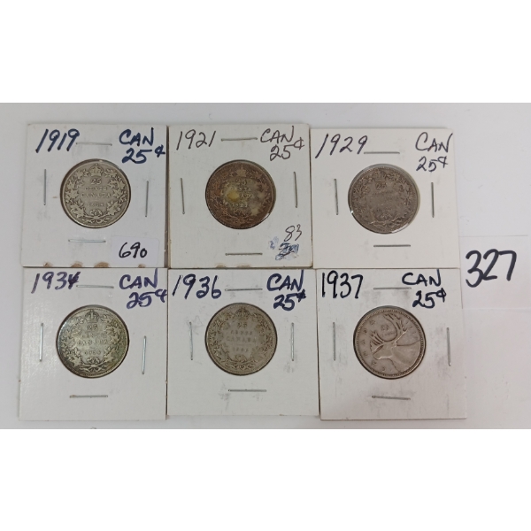 LOT OF 6 - 1919 - '37 CDN 25 CENT SILVER COINS