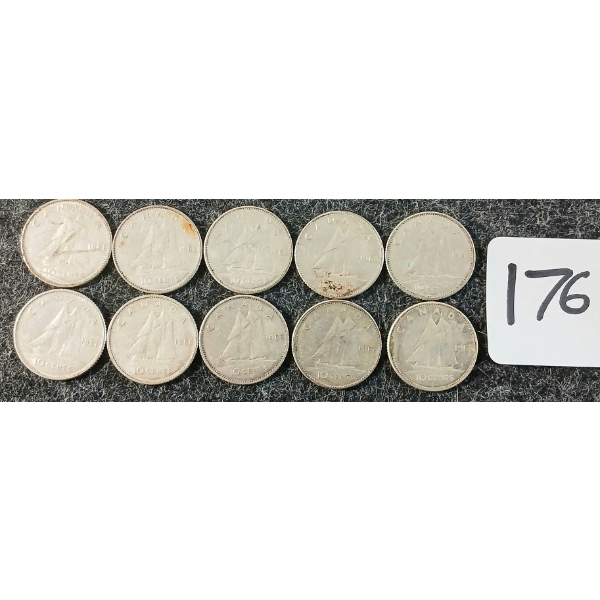 LOT OF 10 - 1968 CDN 10 CENT COINS