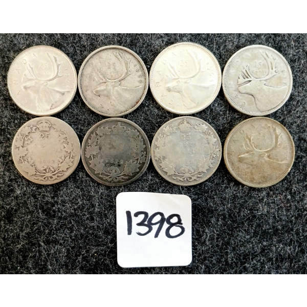 LOT OF 8 - 1871-1965 CDN 25 CENT COINS