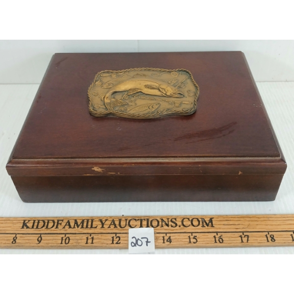 WOODEN FLY FISHING BOX W/ BRASS PLATE