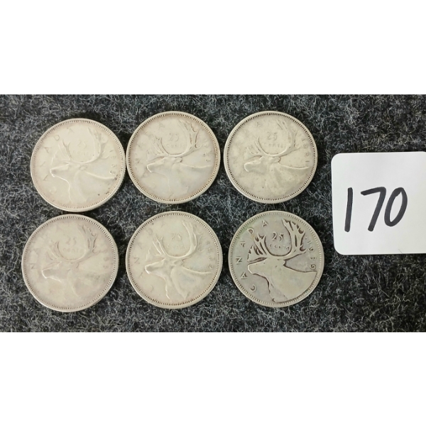 LOT OF 6 - 1939, 1953, 1961, 1962, 1965 CDN 25 CENT COINS