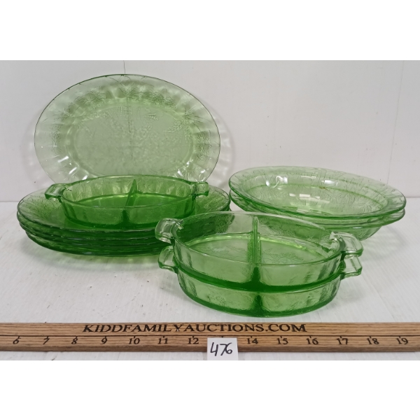 LOT OF 10 - JEANNETTE POINSETTIA URANIUM DEPRESSION GLASSWARE - OVAL & DIVIDED DISHES