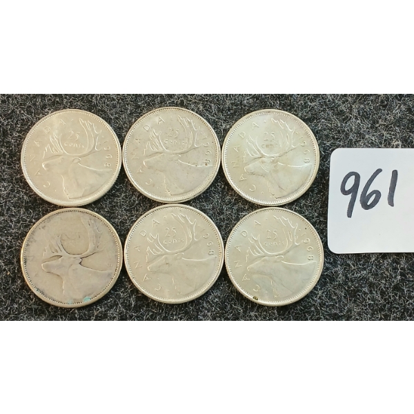 LOT OF 6 - 1955-1968 CDN 25 CENT COINS