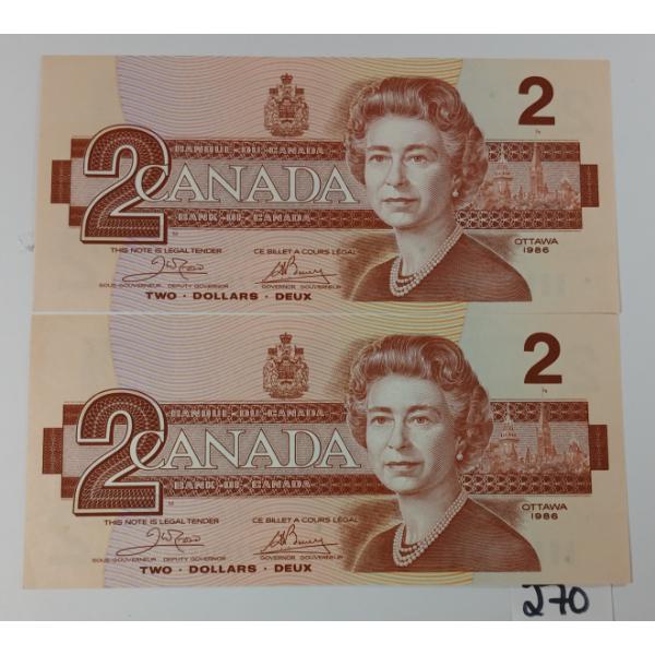 LOT OF 2 - 1986 CDN UNCIRCULATED $2 BANKNOTES - SEQUENTIAL