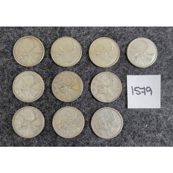 LOT OF 10 - 1947-1966 CDN 25 CENT SILVER COINS