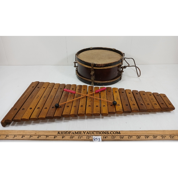 LOT OF 2 - ANTIQUE WOOD SNARE DRUM & XYLOPHONE