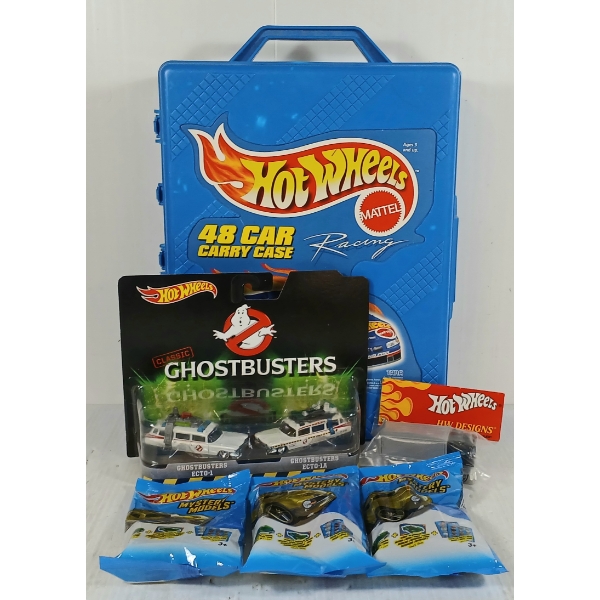 LOT OF 6 - HOTWHEELS CARRY CASE, HIWAY HAULER, GHOSTBUSTERS, MYSTERY MODELS