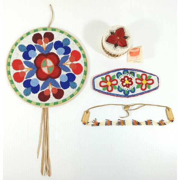 LOT OF 4 - PORCUPINE QUILL BOX, BEADED MEDALLION, NECKLACE, ETC