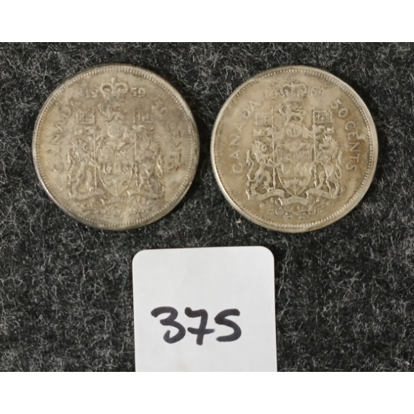 LOT OF 2 - 1959 & 1964 CDN SILVER 50 CENT COINS 