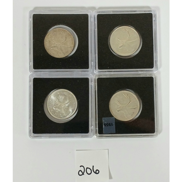 LOT OF 4 - CDN SILVER 25 CENT PCS - INCL 1953, '55 & '58