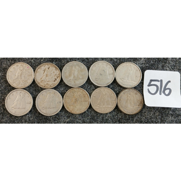 LOT OF 10 - 1940-1965 CDN 10 CENT COINS