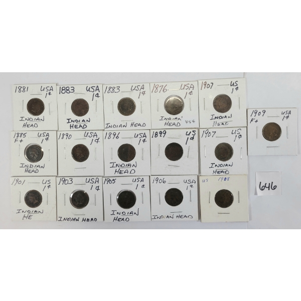 LOT OF 16 - U.S. INDIAN HEAD PENNIES - INCL 1876, 1881 & 1883 ETC