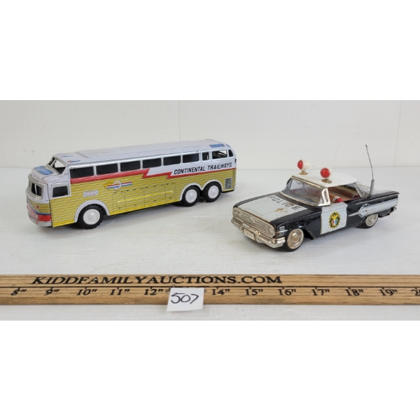 LOT OF 2 - TIN FRICTION POLICE CAR & CONTINENTAL TRAILWAYS BUS