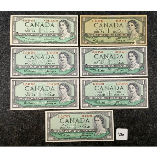 LOT OF 7 - 1954 CDN $1 BANKNOTES - INCL DEVIL'S FACE, REPLACEMENT NOTE & UNCIRCULATED