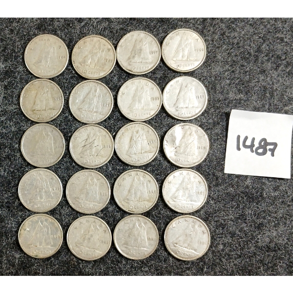 LOT OF 20 - 1943-1966 CDN 10 CENT SILVER COINS