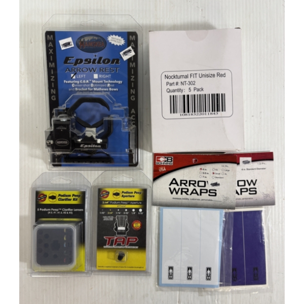 LOT OF 6 - ARCHERY - HAMSKEA EPSILON ARROW REST, PEEP APERTURE, ARROW WRAPS, ETC