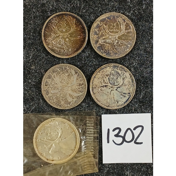 LOT OF 5 - 1953, 1954, 1960, 1962 & 1964 CDN 25 CENT SILVER COINS
