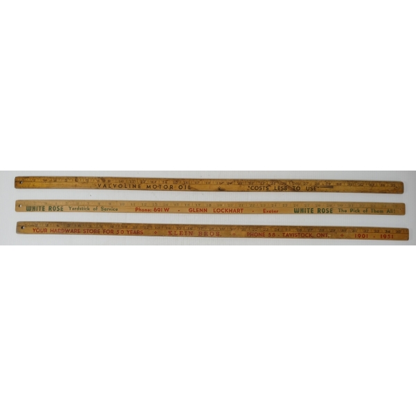 LOT OF 3 - ADVERTISING RULERS - WHITE ROSE, VALVOLINE MOTOR OIL & KLEIN BROS - TAVISTOCK, ONT.