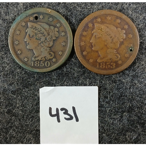 LOT OF 2 - 1850 & 1853 U.S. BRAIDED HAIR LIBERTY LARGE CENT COINS 
