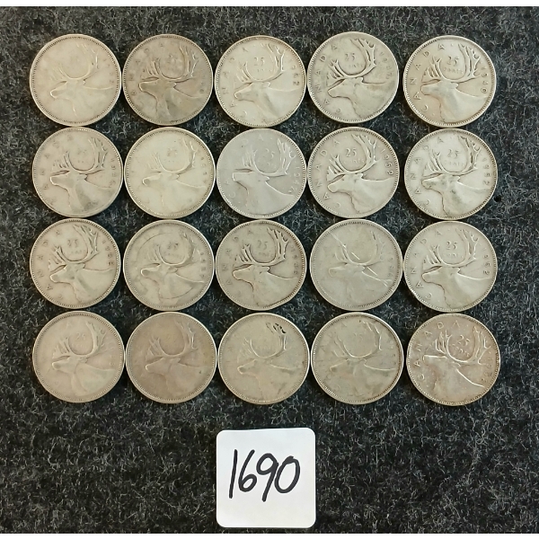 LOT OF 20 - 1940-1964 CDN 25 CENT COINS