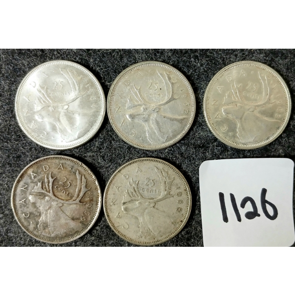 LOT OF 5 - 1962-1969 CDN SILVER 25 CENT COINS