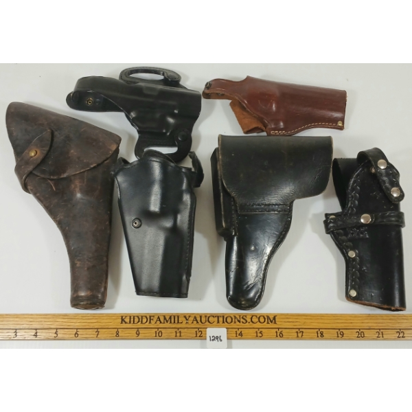 LOT OF 6 - LEATHER PISTOL HOLSTERS - INCL CQC GLOCK 9/40