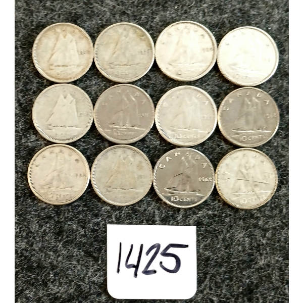 LOT OF 12 - 1946-1971 CDN 10 CENT COINS