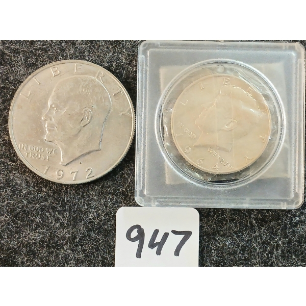 LOT OF 2 - 1964 & 1972 U.S. SILVER KENNEDY HALF DOLLAR & EISENHOWER DOLLAR COINS