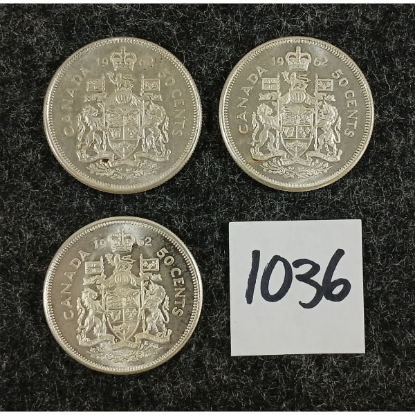 LOT OF 3 - 1962 CDN 50 CENT SILVER COINS
