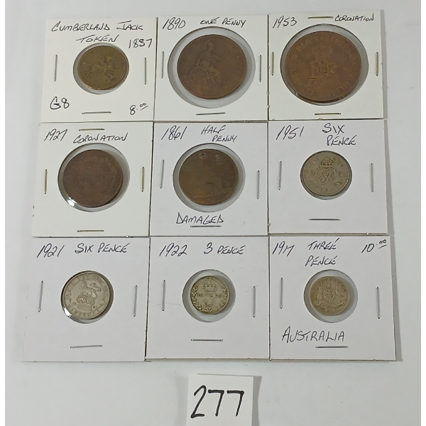 LOT OF 9 - 1837-1953 EARLY BRITISH COINS - INCL AUSTRALIAN 3 PENCE, HALF PENNY, ETC