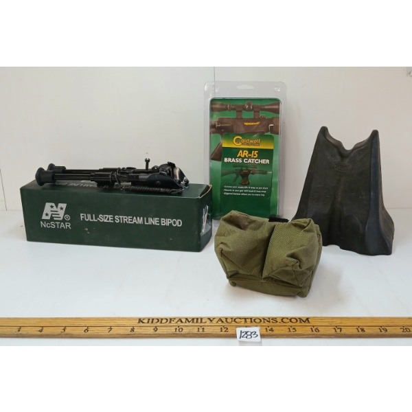 LOT OF 4 - NCSTAR FULL SIZE STREAMLINE BIPOD, GUN RESTS & AR-15 BRASS CATCHER