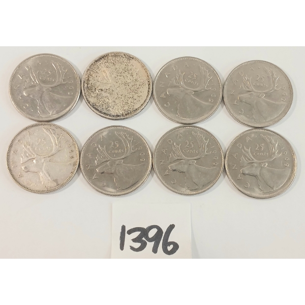 LOT OF 8 - 1944-1969 CDN 25 CENT SILVER COINS