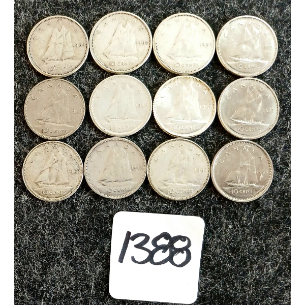 LOT OF 12 - 1947-1973 CDN 10 CENT COINS