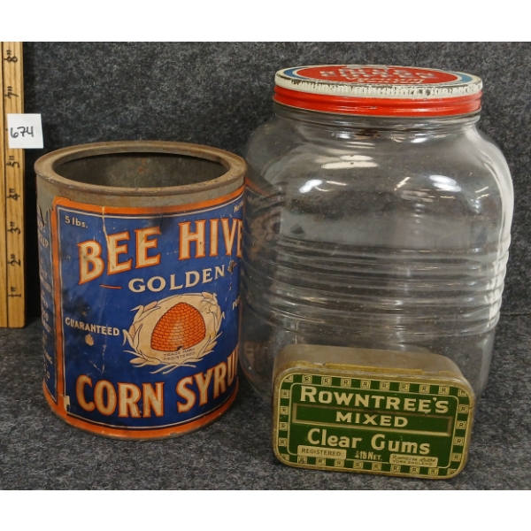 LOT OF 3 - BEE HIVE CORN SYRUP TIN - BLUE RIBBON COFFEE JAR - ROWNTREE'S CLEAR GUMS TIN