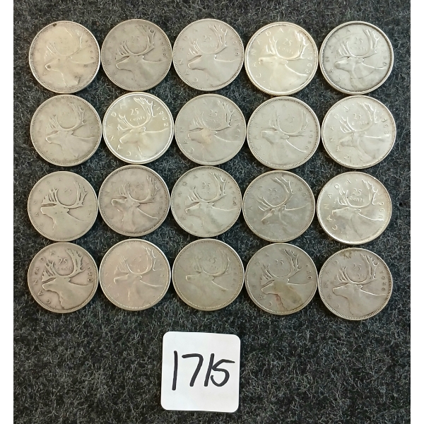 LOT OF 20 - 1940-1968 CDN 25 CENT COINS