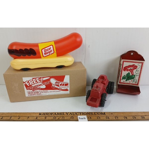 LOT OF 3 - LITHO TIN MATCH HOLDER, RUBBER TRACTOR & OSCAR MAYER COIN BANK